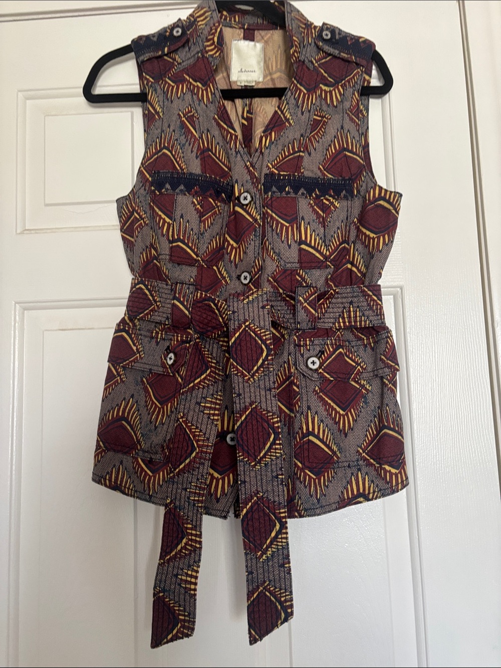 Anthropologie Sleeveless Patterned Belted Vest in Burgundy, Mustard, Blue